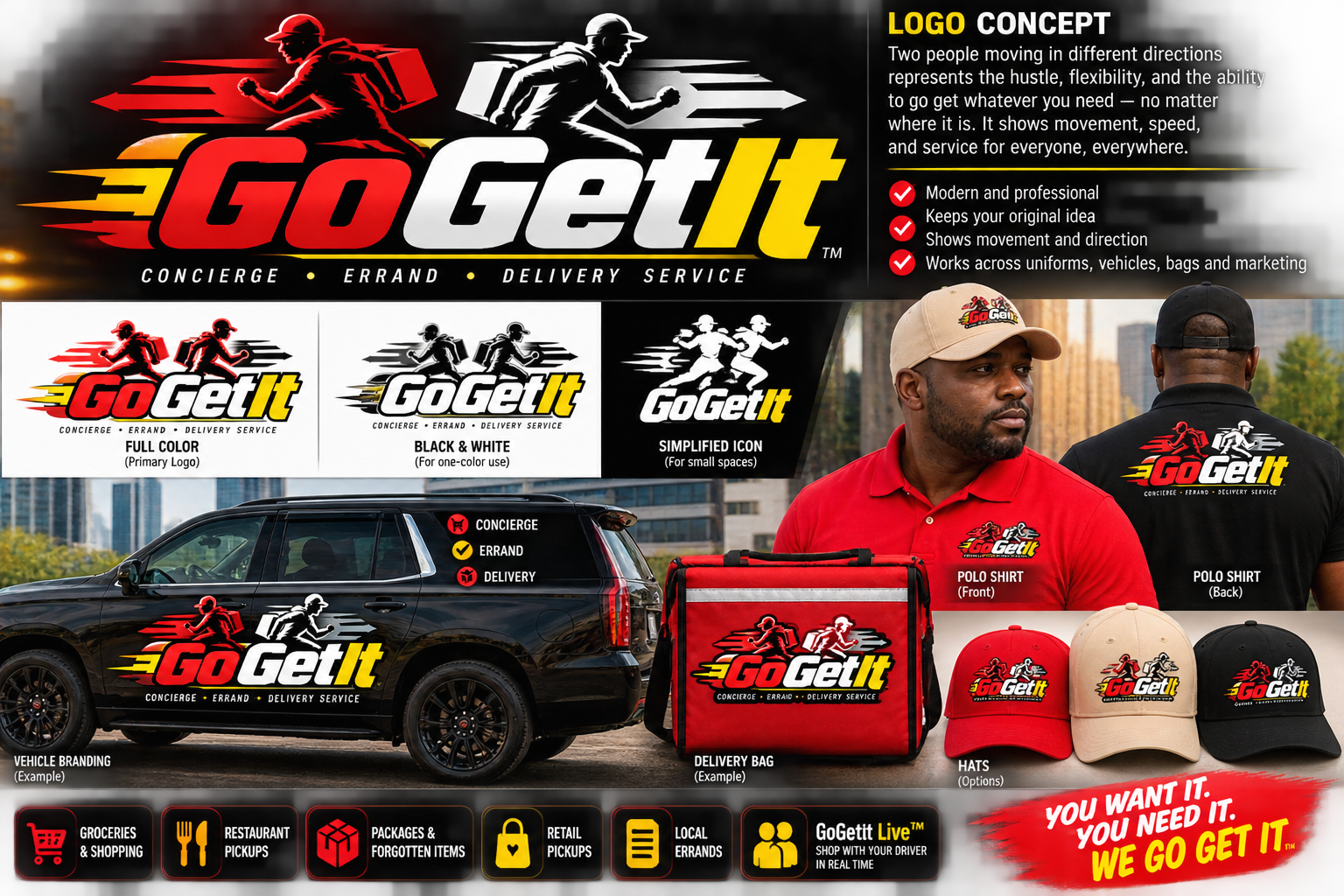 GoGetIt colorful branding on uniforms, a delivery bag and a vehicle